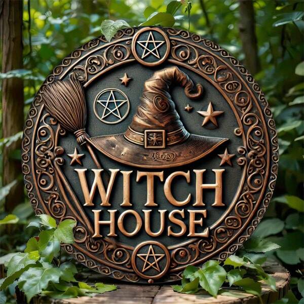 2D Round Wooden Plaque "Witch's House" Vintage Decor, Suitable For Wall Hanging, Home, Room, Garage, Countryside, Garden, Bar, Man Cave, Halloween And Holiday Decoration, Random Hole Style