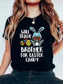Will Trade Brother For Easter Candy Funny Family Girls T-Shirt Print Cotton T-Shirt For Summer, Women's Soft Short Sleeve Top, Stylish Comfy Tee For Women Graphic Tees - 黑色 - 查看 1