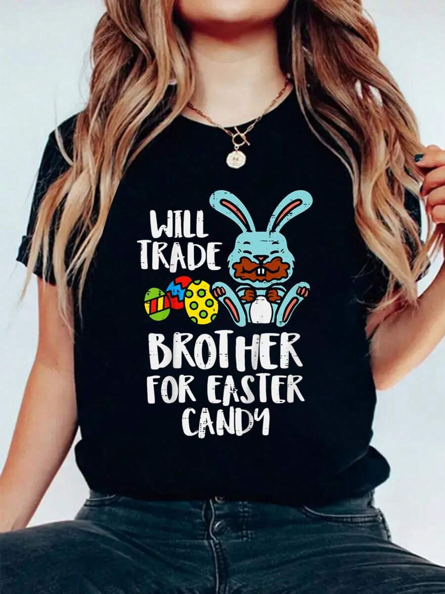 Will Trade Brother For Easter Candy Funny Family Girls T-Shirt Print Cotton T-Shirt For Summer, Women's Soft Short Sleeve Top, Stylish Comfy Tee For Women Graphic Tees - 黑色 - 查看 1