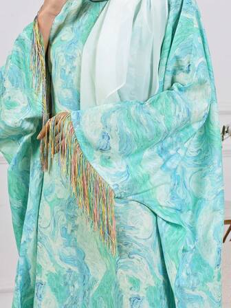 2025 春季全印花流苏饰边蝙蝠袖伊斯兰连衣裙朴素长袍日常穿着隐形腰带长裙