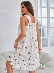 女士兔子印花细肩带吊带连衣裙，家居室内装，带泡泡褶边垫胸公主长款睡衣连衣裙，Moo Moo - 米色 - 查看 2