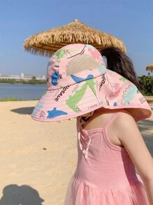Sombrero con protector solar para niños, nuevo sombrero de ala ancha para primavera/verano, anti-UV para la playa, para niños y niñas de 3 a 8 años, diseño aleatorio