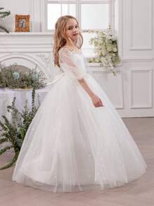 Tween Girl White Handmade Beaded Bow Tulle Elegant Christmas Party Dress, Princess Dress Suitable For Girls Birthday Party, Teenage Prom Party Dress, Flower Girl Wedding Bridesmaid Gown, Thanksgiving, Graduation Outfit