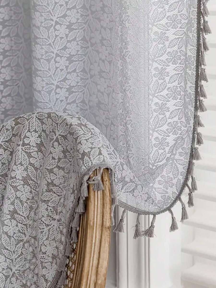 1 件新款波西米亚风格窗帘，家居装饰布艺窗帘，带杆袋，提花薄纱窗帘 - 灰色 - 查看 1