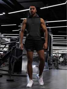 男士轻便夏季运动装连帽背心 + 短裤两件套，户外休闲 - 黑色 - 查看 1