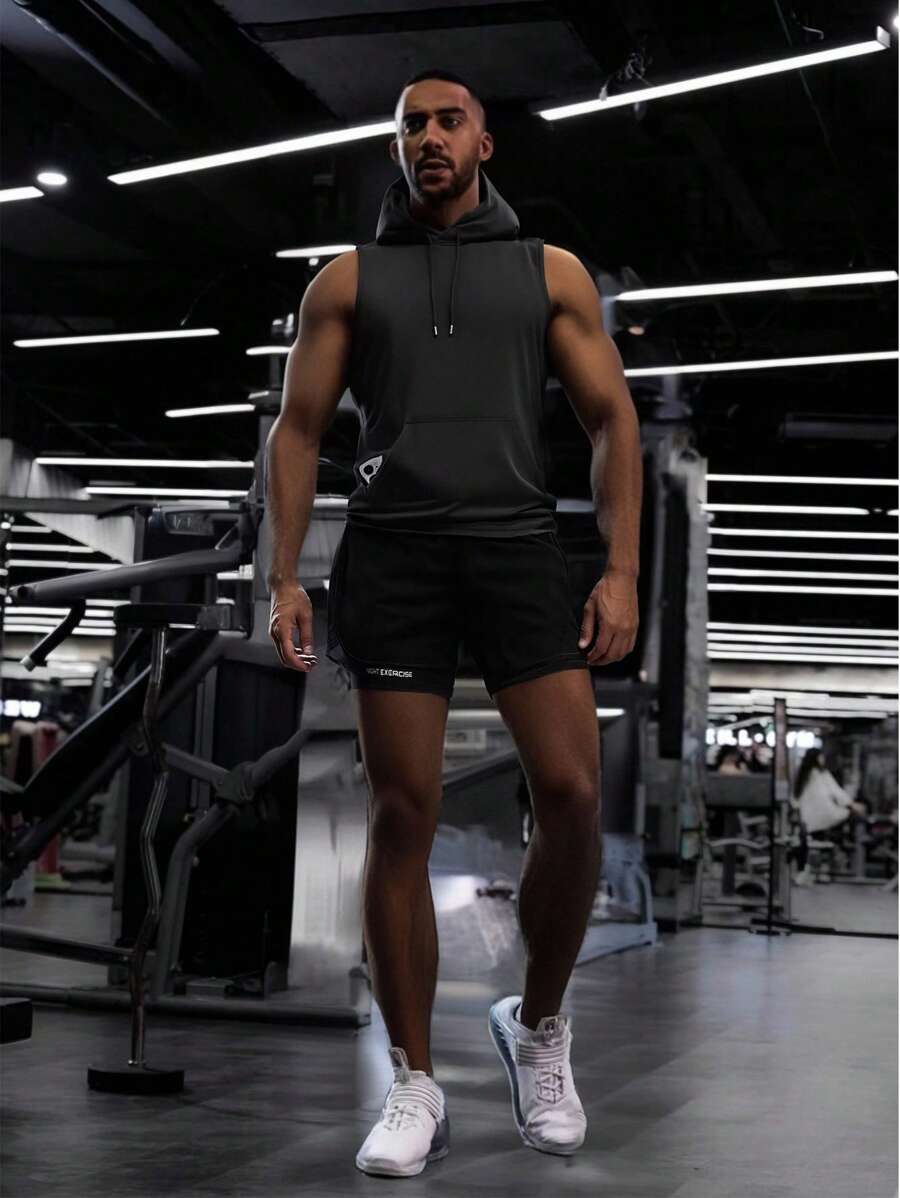 男士轻便夏季运动装连帽背心 + 短裤两件套，户外休闲 - 黑色 - 查看 1