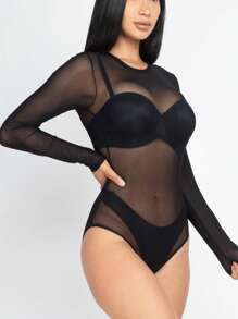 Women's Sexy Sheer Mesh Long Sleeve Bodysuit For Summer - màu đen - Xem 2
