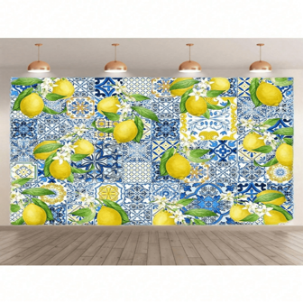 涤纶婚礼和新娘洗礼背景布 - 复古柠檬茉莉花图案，抗皱，可水洗摄影背景布，夏季蓝色图案