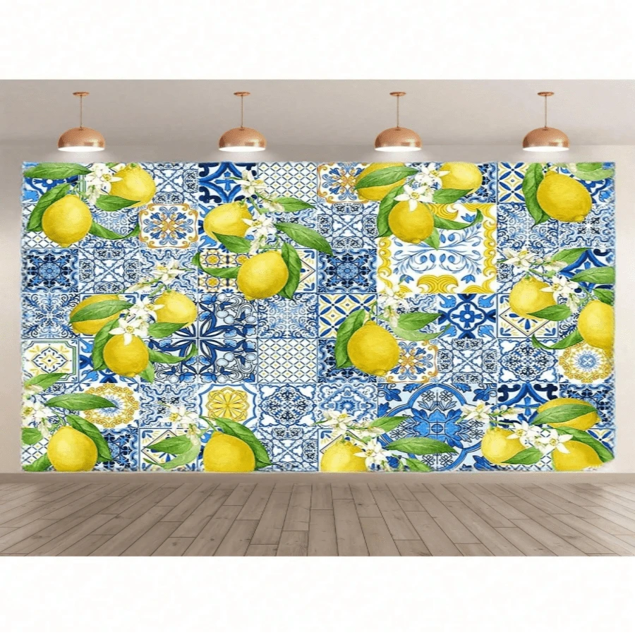 涤纶婚礼和新娘洗礼背景布 - 复古柠檬茉莉花图案，抗皱，可水洗摄影背景布，夏季蓝色图案