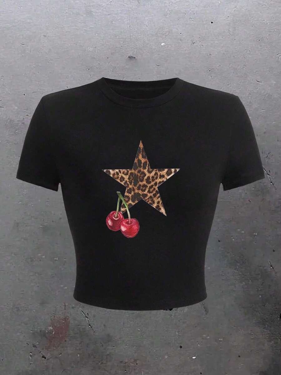 Graphic Printed Short T-Shirt, Y2K Spring And Summer Short-Sleeved Crop Top, Women's Top, |Summer Tops,Tops For Women,Summer Top,Graphic Tees Women,Haut,Tops Verano,Tops Mujer,Going Out Tops Women,Women Tops,T Shirts For Women,T Shirts Women,T Shirts Femme,Tops Damen,,Holiday Outfits Night,Summer Holiday,T Shirt Damen,Tops For Summer,Cute Tops,Summer Tops For Women - 黑色 - 查看 1
