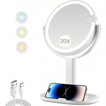 Espejo de maquillaje con luces, espejo de aumento de 20X con luz e interruptoráctil, espejo de tocador con luz de 3 colores y 80 LEDs, espejo de aumento iluminado de dos lados de 8.8 pulgadas - Blanco - Ver 1