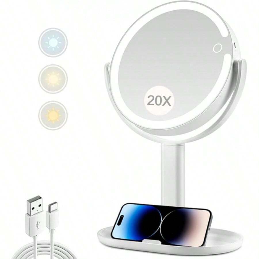 Espejo de maquillaje con luces, espejo de aumento de 20X con luz e interruptoráctil, espejo de tocador con luz de 3 colores y 80 LEDs, espejo de aumento iluminado de dos lados de 8.8 pulgadas - Blanco - Ver 1