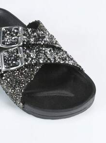 新款ROULVXIANG热销女士休闲家居户外拖鞋沙滩人字拖防水黑钻闪光厚底女士家居拖鞋平底凉鞋 - 黑色 - 查看 8