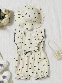 Baby Mädchen Herz Muster Flatterärmel Romper Body mit kleinem Hut, Apricot & Schwarz, Frühling/Sommer