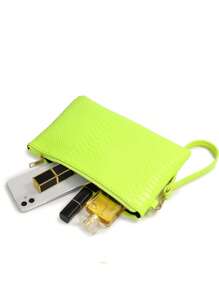 1 件女式霓虹黄蛇皮图案手拿包，可装手机和硬币