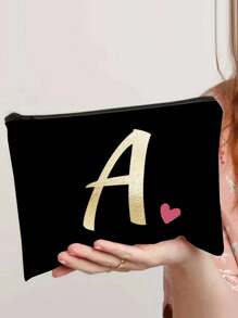 A-Z Letter Print Heart Graphic Cosmetic Bag, Black Mini Size, Gold Tone Lettering, Minimalist Style, Suitable For Logo Customization - Black - View 15