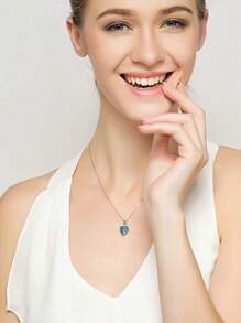 1 精美海洋心形克拉项链合成蓝水晶托帕石吊坠纯银首饰女士