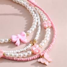 4pcs/Set Handmade Pink Heart & Butterfly Pearl Bead Necklace, Suitable For Children Girls Everyday Wear