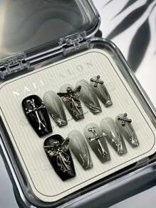 10pcs Acrylic Press On Nails Gothic Black Gradient Press-On Nails Set With 3D Cross & Angel Charms - Glossy Long Coffin Shape, Halloween Nail Supplies,Handmade Fake Nails ,Suitable For Ladies To Use In Weddings, Parties, Holidays, Gift Nail Tools.