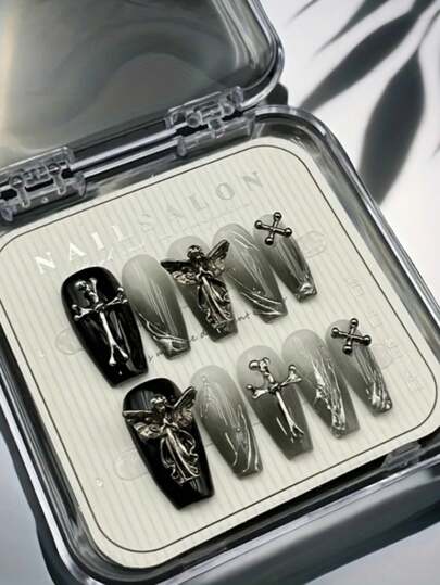 10 件亚克力按压指甲哥特式黑色渐变按压指甲套装，带 3D 十字架和天使饰物 - 光泽长棺材形状，万圣节指甲用品，手工假指甲，适合女士在婚礼、派对、节日、礼品指甲工具中使用。