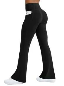 1pc Women Plus Size Flare Sports Pants, Fashionable High Waist Shaping Yoga Leggings, Slimming Fitted Casual Pants With Pockets - Black - View 5