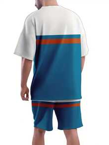 男士夏季休闲运动套装，透气3D印花圆领T恤和短裤，95%涤纶+5%氨纶针织面料，略带弹性，常规版型，户外休闲装 - 彩色 - 查看 3