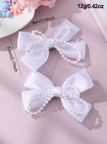 2 piezas/6 piezas Pinzas para el cabello con lazo y perla para niñas - Blanco - Ver 6