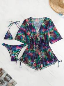 3pcs/Set Women's Sexy Beach Bikini Set, Tropical Floral Print, Spaghetti Strap, Triangle Cup Tankini Top And Bottoms Paired With Ruched Cover-Up Skirt, Casual Summer Look - Multicolor - View 8