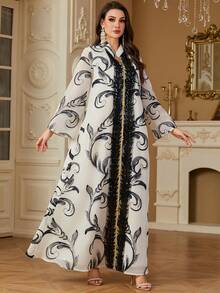 Simple Patchwork Muslim Dress With Heavy Embroidery & Sequins, Arabic Style Clothing - White - View 5