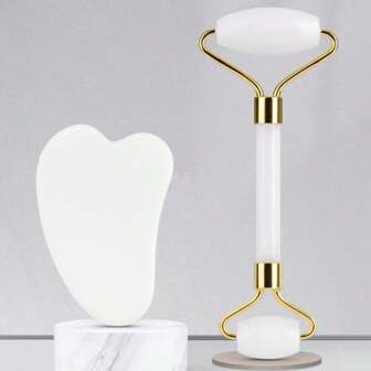 2 piezas Juego de rodillos de masaje de resina, rodillo de masaje de doble cabeza + tabla de masaje Gua Sha, masaje de ojos y rostro, herramienta de masaje facial, belleza, productos de cuidado de la piel, spa, autocuidado, herramientas de cuidado de la piel, cuidado facial, suministros de esteticista, masaje, herramienta de masaje facial, rodillo facial