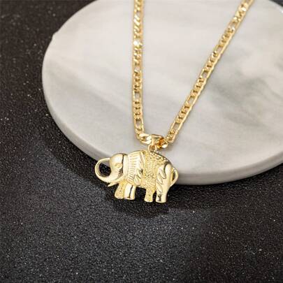 dollrinboy 1 pièce Collier pendentif éléphant plaqué or 14 carats pour femmes avec chaîne Figaro en acier inoxydable de 3 mm