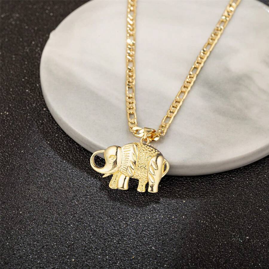 dollrinboy 1pc 14K Gold Plated Elephant Pendant Necklace For Women With 3mm Stainless Steel Figaro Chain Necklace - Elephant - View 1
