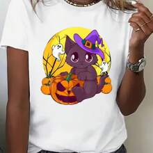 Halloween Elegant Kitten And Pumpkin Printed T Shirts Casual   Soft And Comfortable Short Sleeved T Shirts With Simple And High Quality