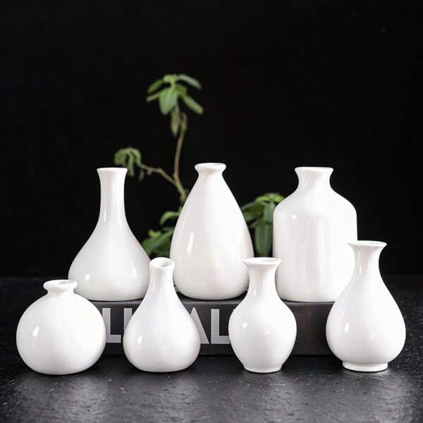 7 peças, 1 peça de vaso de cerâmica branca pura, vaso de mesa, decoração para casa, vaso de flores secas, frasco pequeno de aromaterapia hidropônica, adequado para sala de estar, quarto, sala de jantar, decoração de fotografia, decoração e arranjo de banquetes