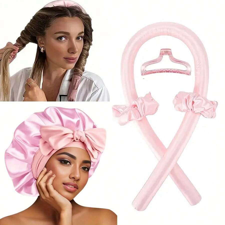 5 件套免热卷发器套装、带可调节夹子的缎面发帽、免热卷发棒头带、适合过夜卷发的柔软睡眠发帽、增强正常发质的卷发、DIY 发型设计套装、发卷、免热卷发器、卷发器、理发店美发产品及配件、美容旅行必需品