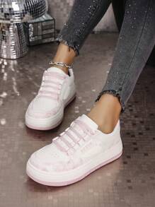 A Pair Of Fashionable Female Teenagers' Unique Pattern Sneakers, Strap Design, Comfortable Lining, Thickened Sole, Sneakers For Fashionable And Avant-Garde Female Teenagers, Four-Season Style, Suitable For Daily Commuting, Outdoor Sports - Baby Pink - View 1