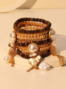 1pc Stacking Faux Pearl Beaded Bohemian Cactus Pendant Bracelet, Suitable For Ladies, Valentine's Day Gift Valentines,Mom,Mother,Mother's Day,Gift - Gold - View 11