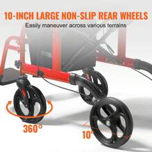 2 In 1 /3 Wheels Rollator Walker & Transport Chair For Seniors, Folding Rolling Walker Wheelchair Combo & Footrests, Lightweight Aluminum Mobility Walker With Adjustable Handle, All Terrain Wheels, 260/300LBS - 2-in-1 Red - 查看 5