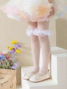 1/2/3 双女童镂空蕾丝边网眼长筒袜，柔软透气时尚过膝袜，春夏 - 彩色 - 查看 19