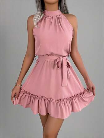 Nuevo vestido de cuello de halter sin mangas con cintura anudada, dobladillo con volantes y color rosa sólido, para primavera/verano