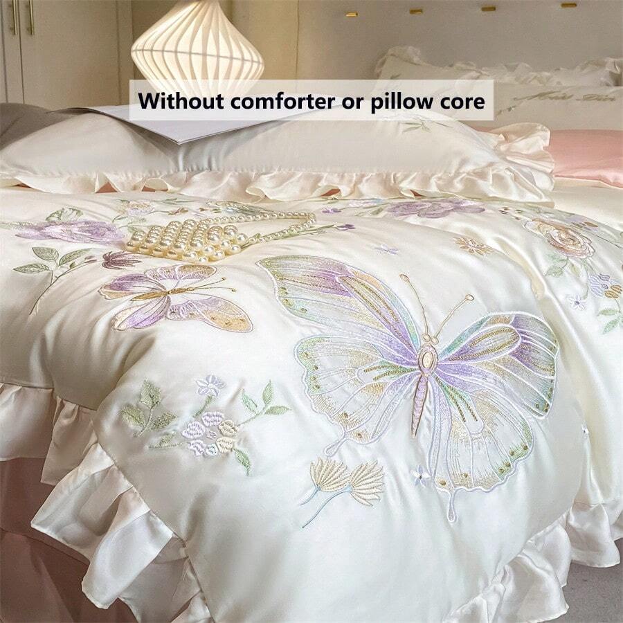 4pcs Soft, Silky Satin Bedding Set With Delicate Butterfly & Floral Embroidery And Trim, Comfortable Bed Linens, Smooth & Cool Touch, Machine Washable (1 Duvet Cover, 2 Pillowcases, 1 Bed Sheet, Excludes Comforter & Pillow) - Magic Butterfly-white - View 1