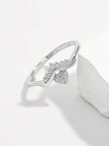 Vaerine 1pc Elegant Fashionable Minimalist Romantic Sparkling 925 Silver Cubic Zirconia Heart V-Shape Design Ring, Ideal For Date, Party, Special Occasions, Valentine's Day Gift For Her - Silver - View 1