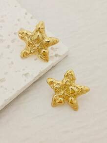 Women's Golden Star Design Stud Earrings, Stainless Steel Summer Starfish Geometric Textured Fashion Jewelry