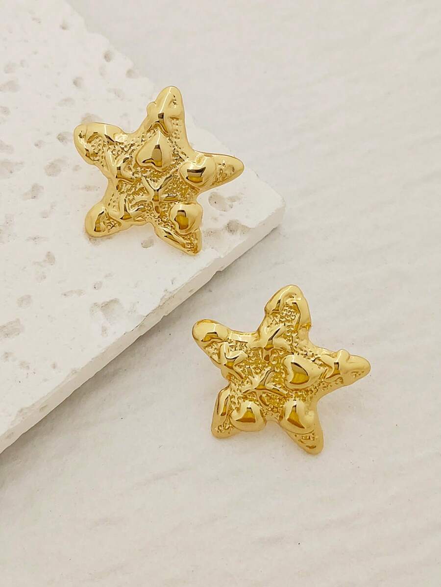 Women's Golden Star Design Stud Earrings, Stainless Steel Summer Starfish Geometric Textured Fashion Jewelry