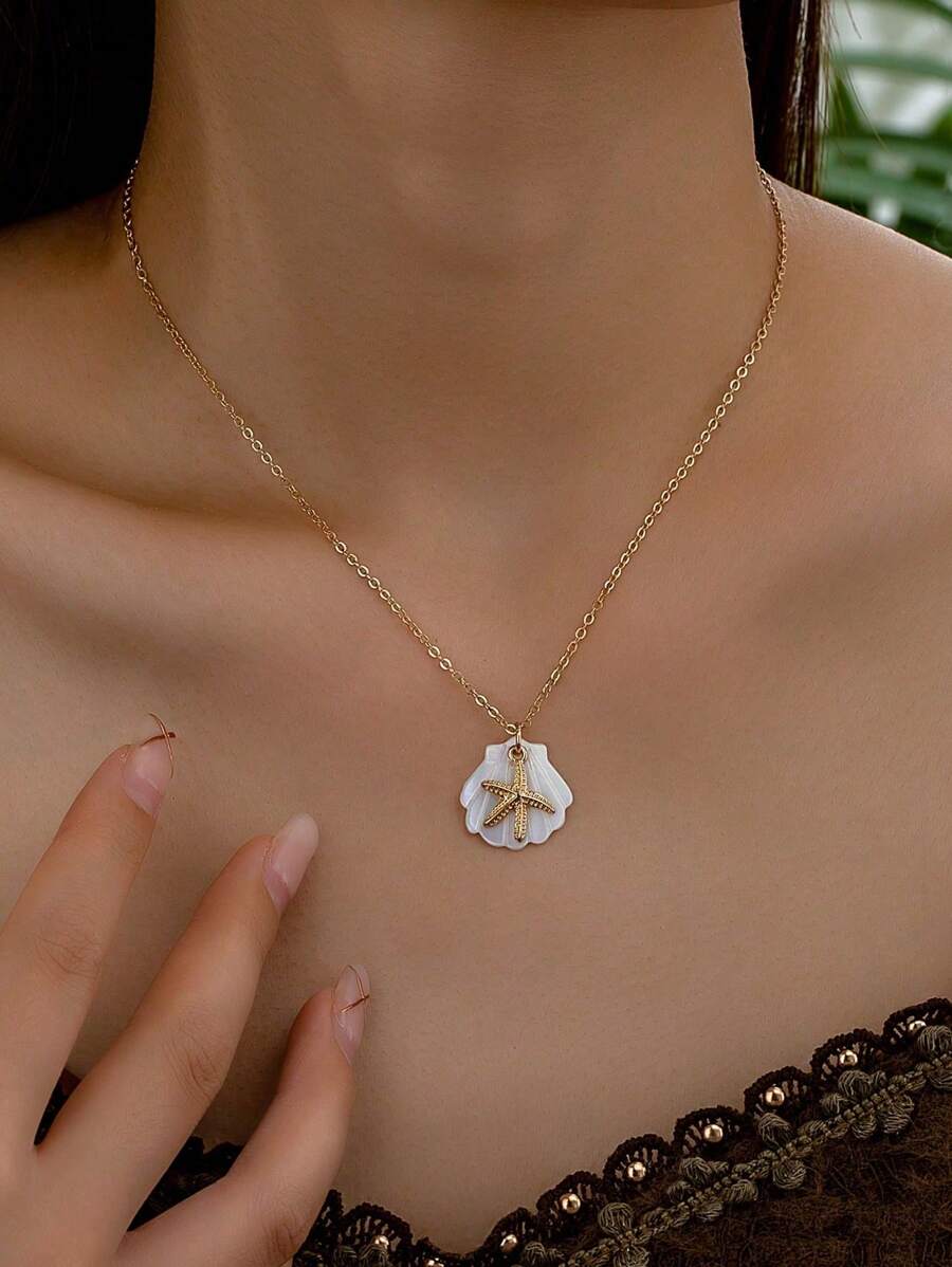 1 件夏季假期海星贝壳吊坠精致项链女士沙滩项链波西米亚风珠宝