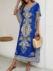 Floral Print Dress, Elegant V-Neck Short Sleeve Dress, Kaftan