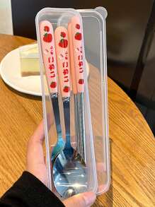 1 件草莓图案餐具套装，带透明储物盒，便携式不锈钢餐具套装和储物盒，适用于家庭、厨房、圣诞礼物、学校用品 - 粉色 - 查看 10