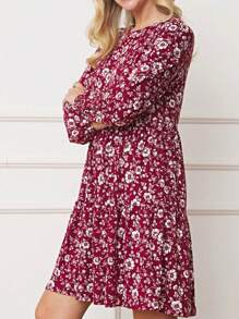 Boho Retro Ditsy Floral Flutter Puff Sleeve Square Neck Tiered Ruffle Tea Midi Length Classic Bridgerton Dress - Burgundy Floral - View 6