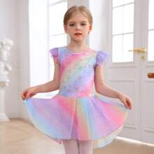 E.DANCE 1pc Young Girls 2 Layer Flutter Sleeve Dance Leotard With Sequin Skirt,Rainbow Butterfly Print, Ballet & Gymnastics Outfit,Tutu Dress,Jumpsuit - Multicolor - View 4