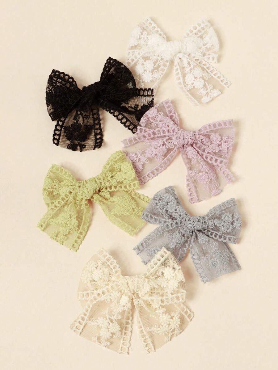 3pcs Baby/Toddler Girls' Flower Embroidered Mesh Bow Hair Clips, Spring/Summer - Multicolor - View 1